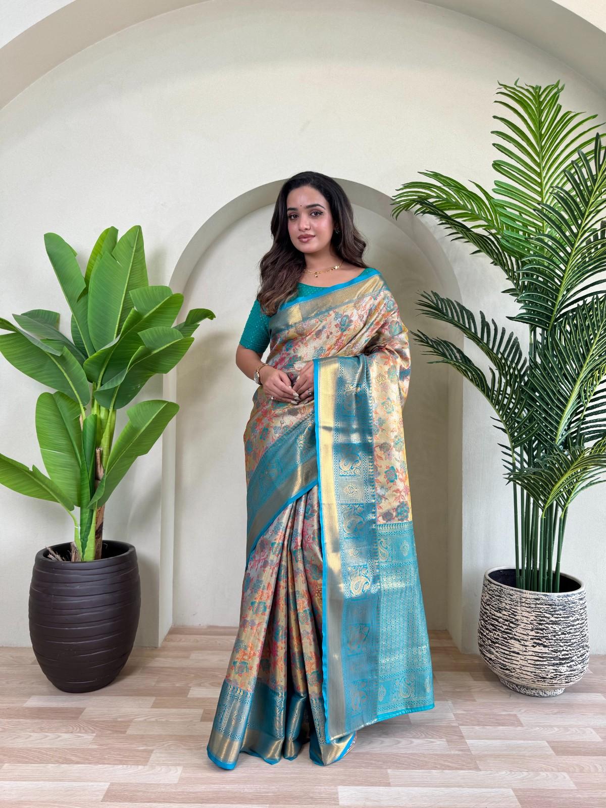 Kanchipuram Silk Sarees with golden zari weaving, rich pallu, zari border