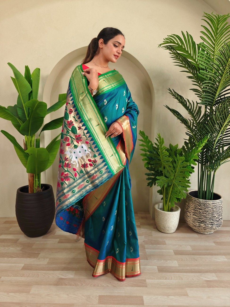 luxurious Silk Saree With Ganga Jamuna border And Pichwai motifs