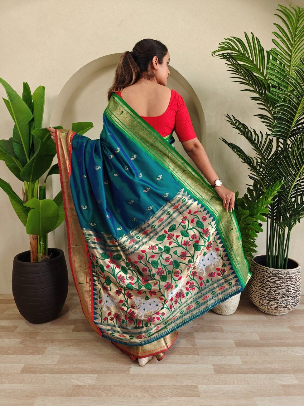 luxurious Silk Saree With Ganga Jamuna border And Pichwai motifs