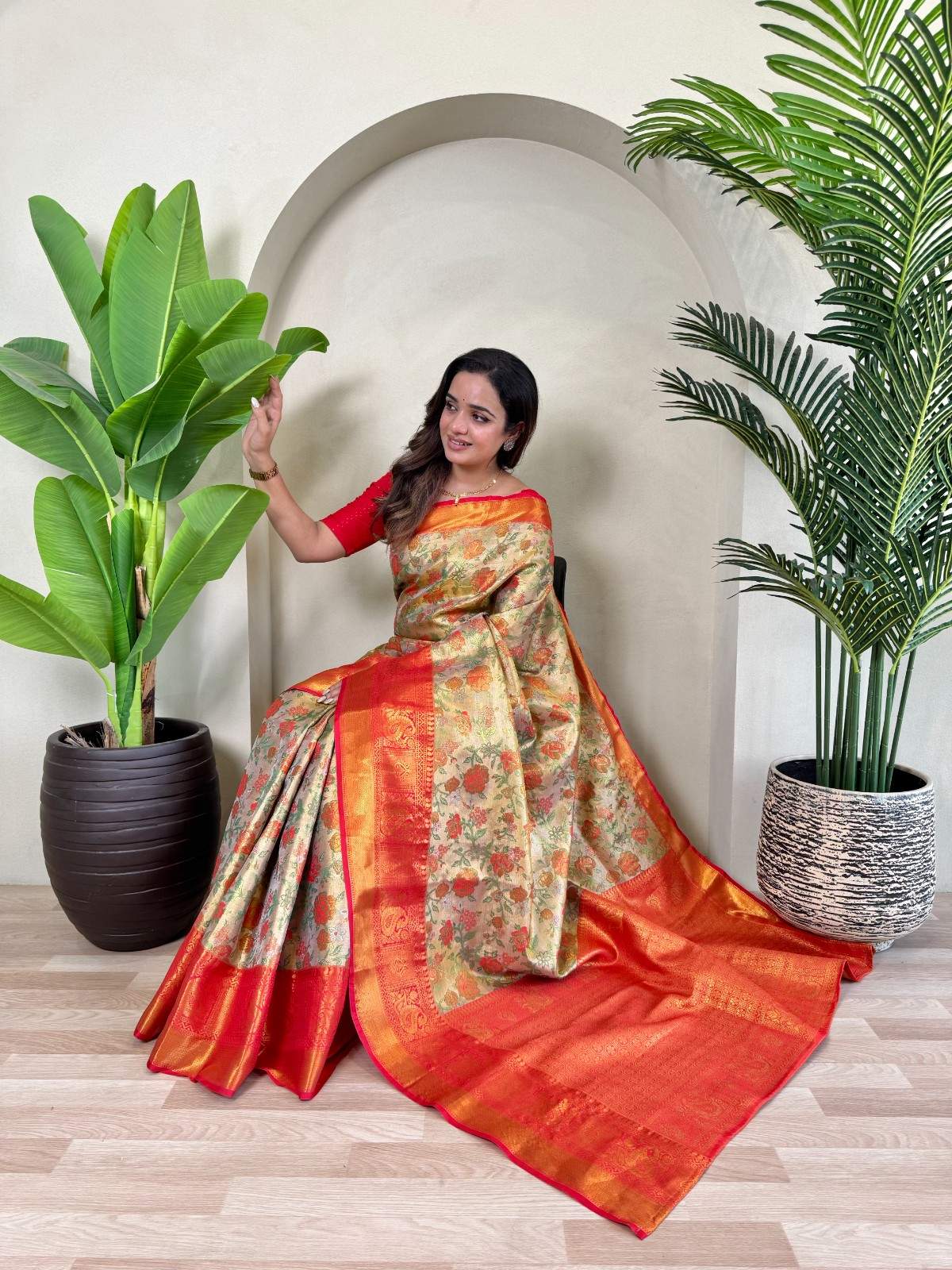 Kanchipuram Silk Sarees with golden zari weaving, rich pallu, zari border