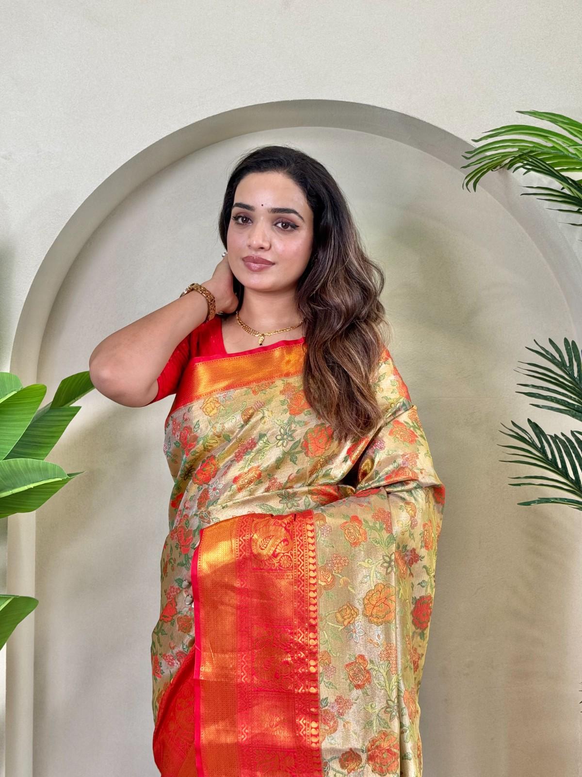 Kanchipuram Silk Sarees with golden zari weaving, rich pallu, zari border