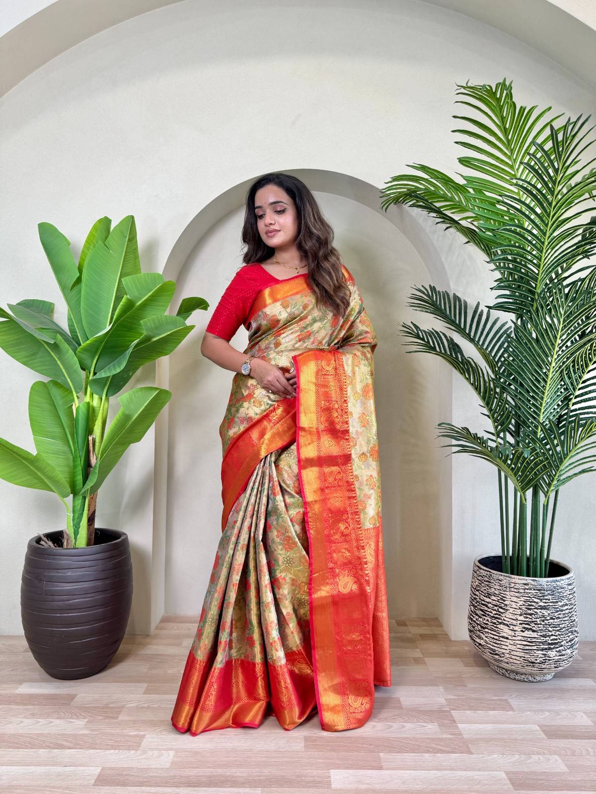 Kanchipuram Silk Sarees with golden zari weaving, rich pallu, zari border