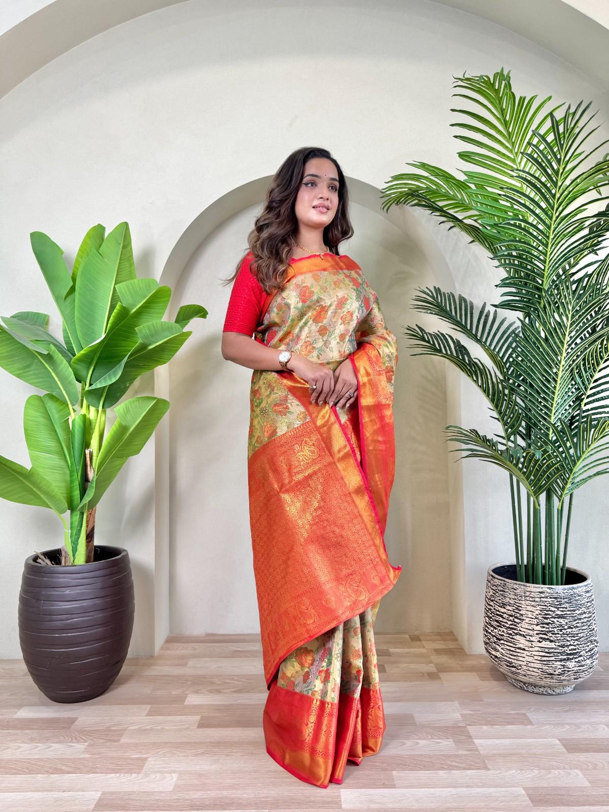 Kanchipuram Silk Sarees with golden zari weaving, rich pallu, zari border