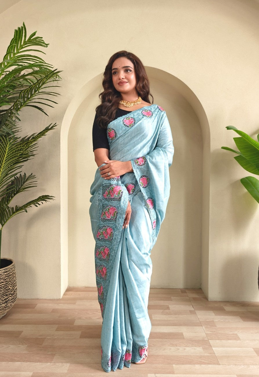 Tussar Silk saree with fine embroidery, cutwork, and contrast pallu.