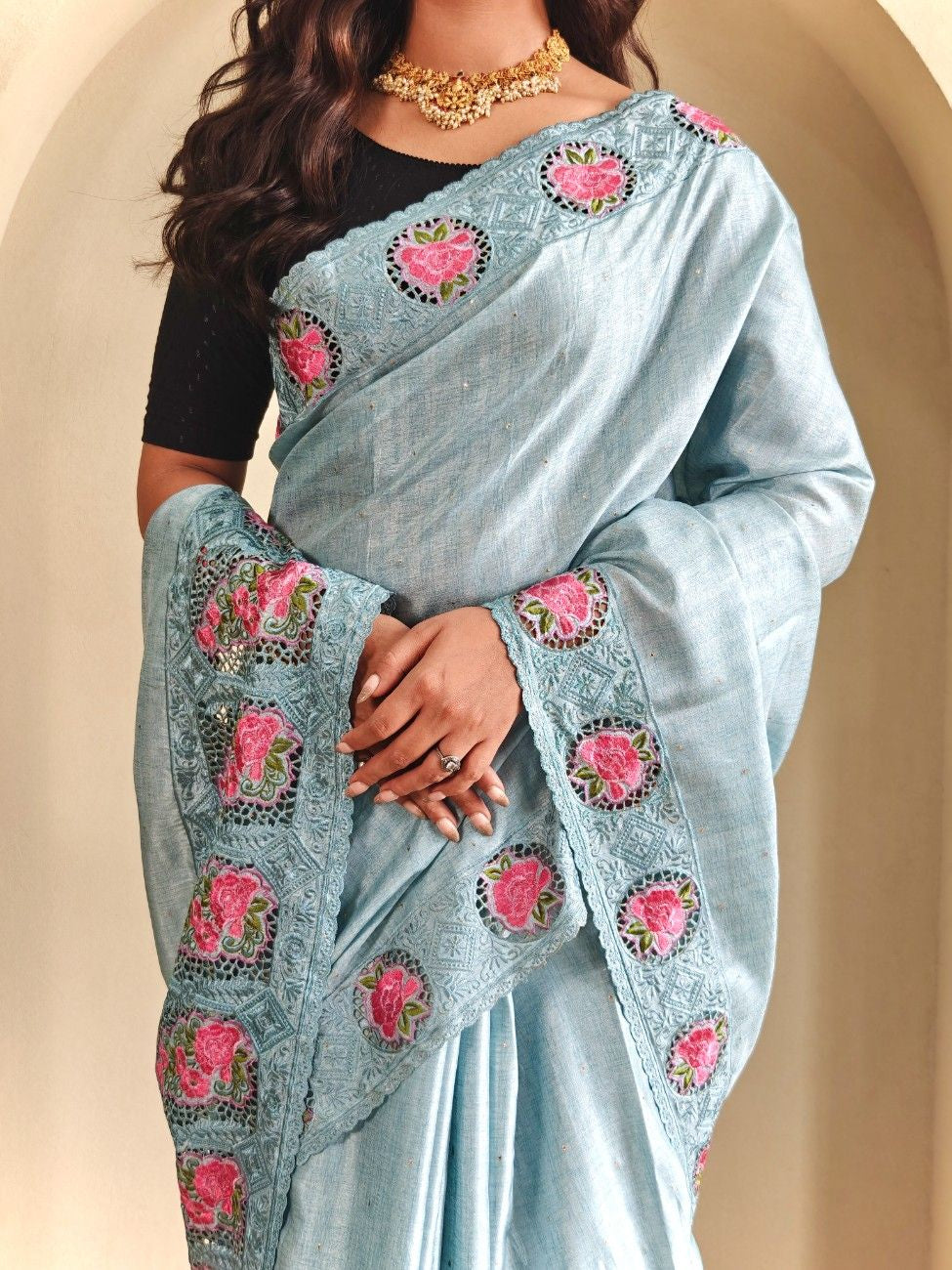 Tussar Silk saree with fine embroidery, cutwork, and contrast pallu.