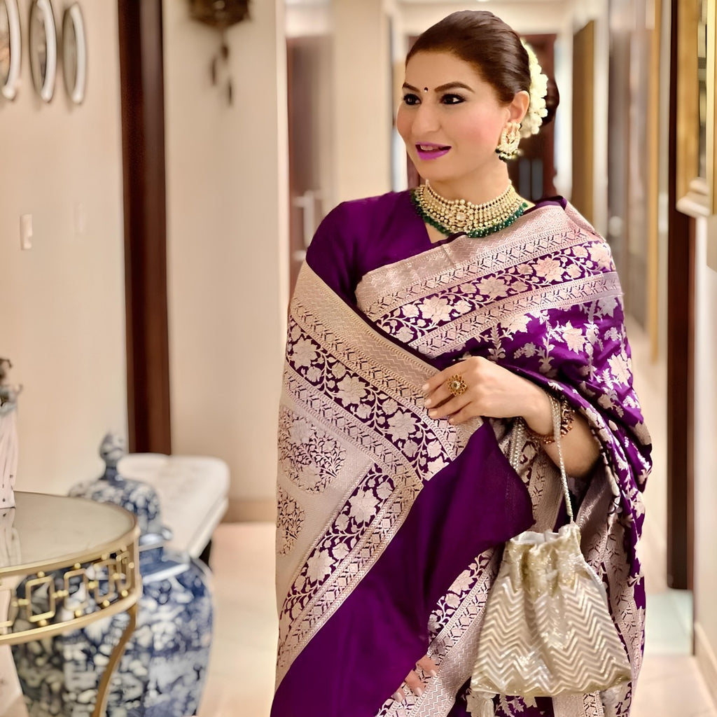 Premium Dola Silk Saree With Rich Floral Silver Zari Weaving And Royal Border