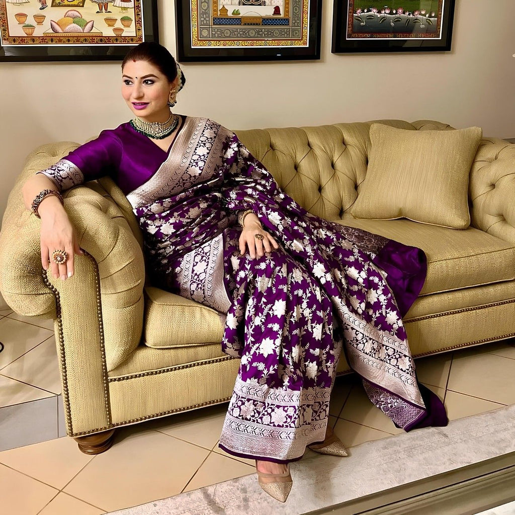 Premium Dola Silk Saree With Rich Floral Silver Zari Weaving And Royal Border