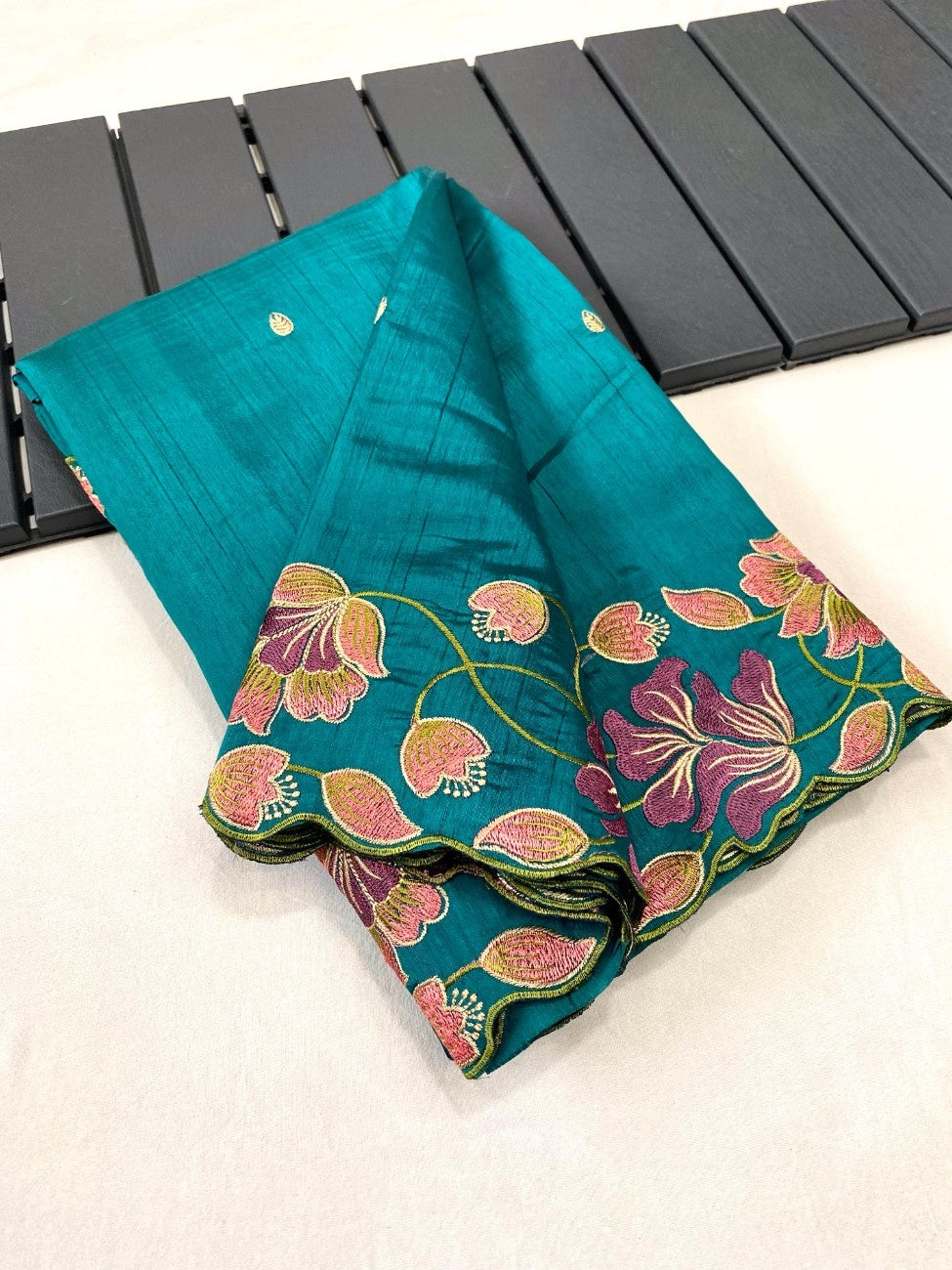 Premium Tussar Silk With  Floral Embroidery Work