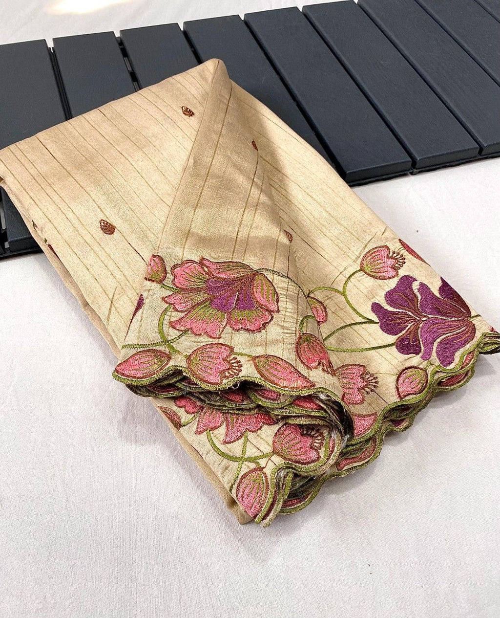 Premium Tussar Silk With  Floral Embroidery Work