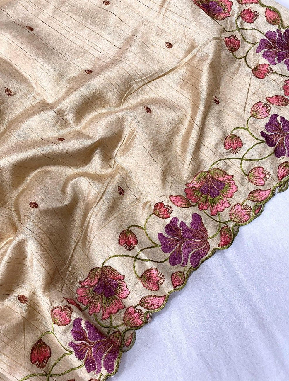 Premium Tussar Silk With  Floral Embroidery Work