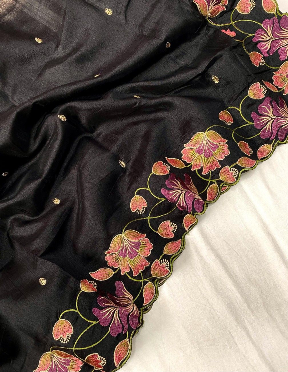 Premium Tussar Silk With  Floral Embroidery Work