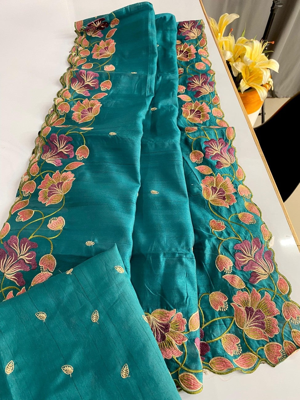 Premium Tussar Silk With  Floral Embroidery Work
