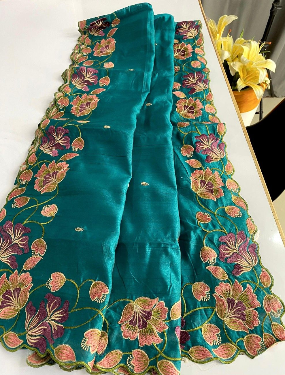 Premium Tussar Silk With  Floral Embroidery Work