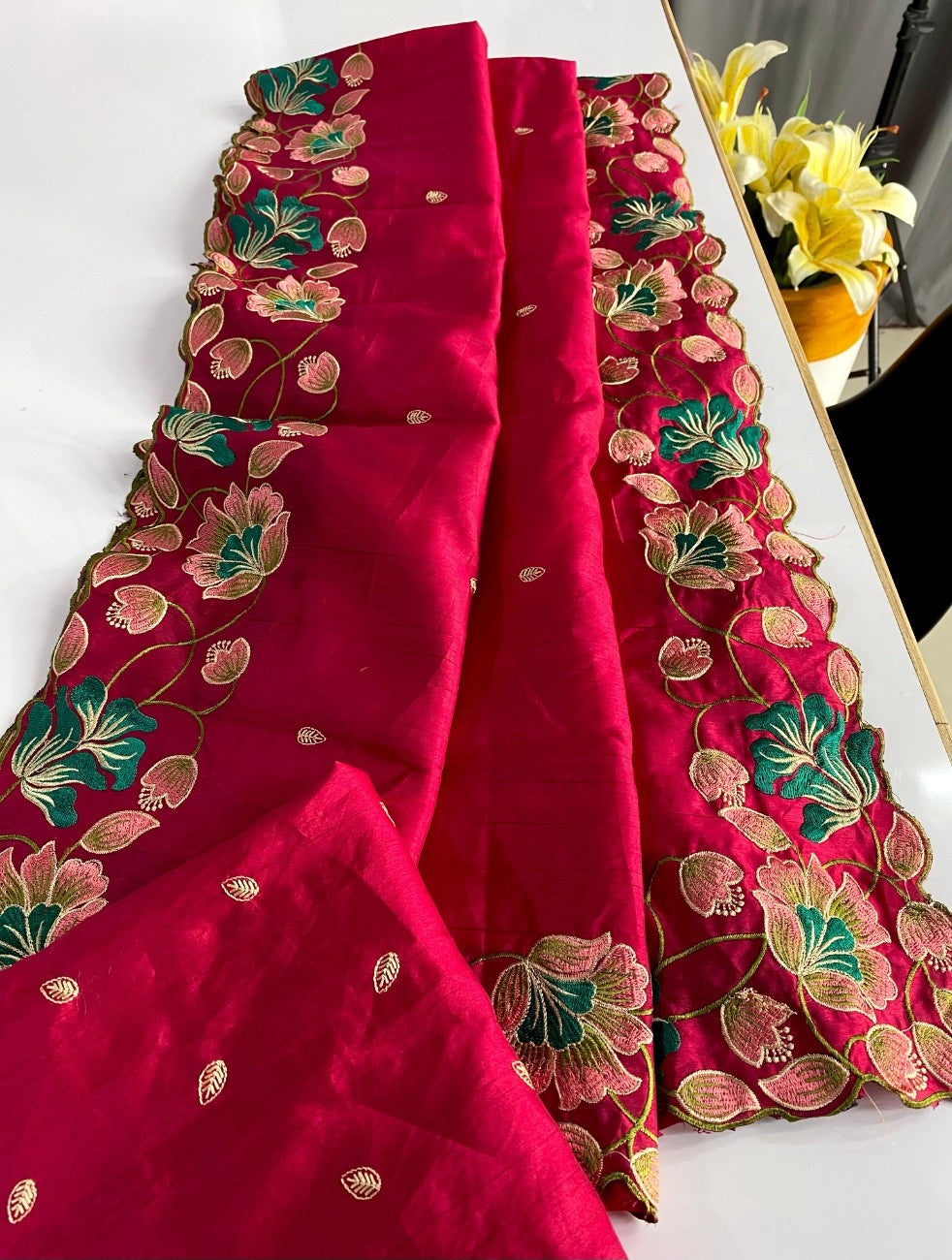 Premium Tussar Silk With  Floral Embroidery Work