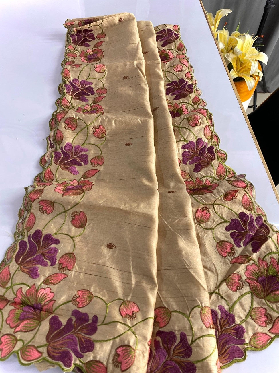 Premium Tussar Silk With  Floral Embroidery Work