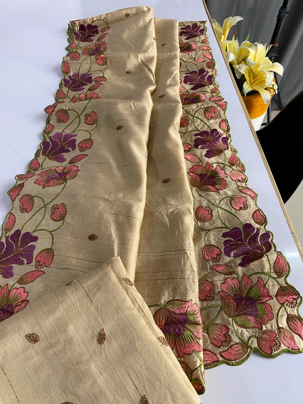 Premium Tussar Silk With  Floral Embroidery Work