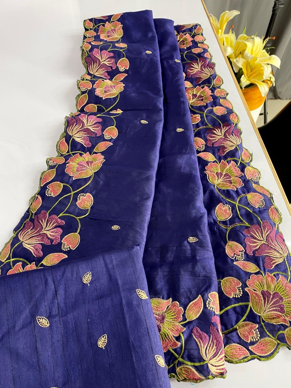 Premium Tussar Silk With  Floral Embroidery Work