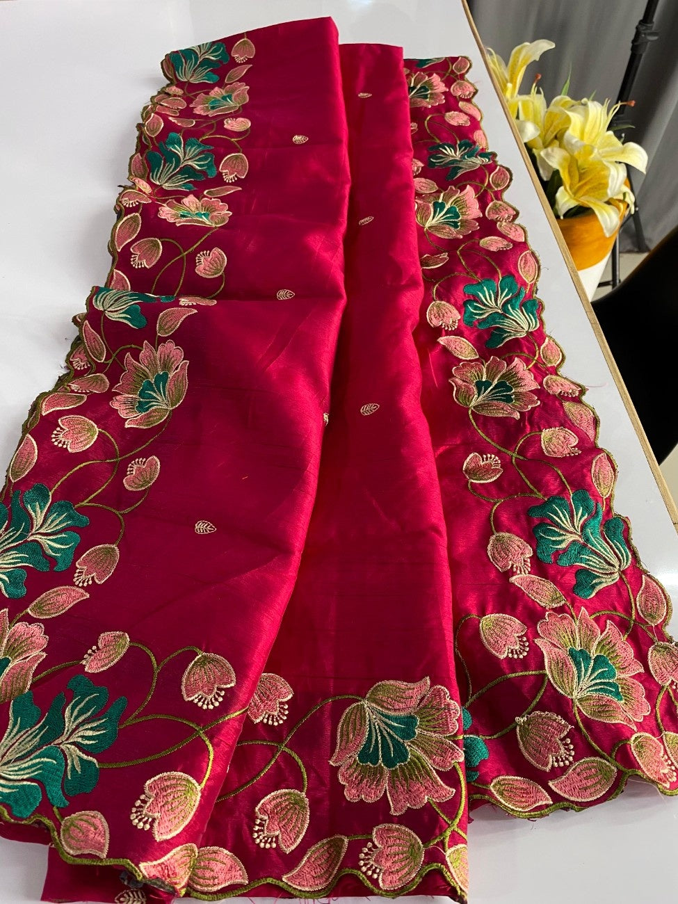 Premium Tussar Silk With  Floral Embroidery Work