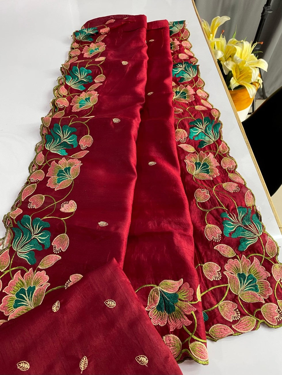Premium Tussar Silk With  Floral Embroidery Work