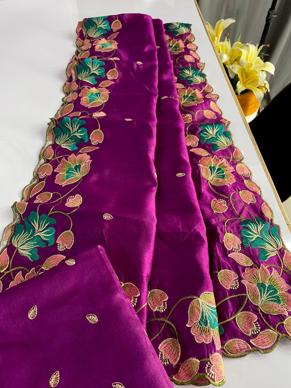 Premium Tussar Silk With  Floral Embroidery Work