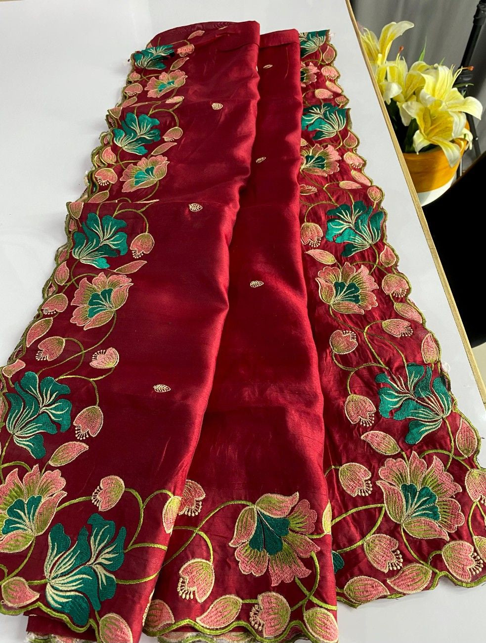 Premium Tussar Silk With  Floral Embroidery Work