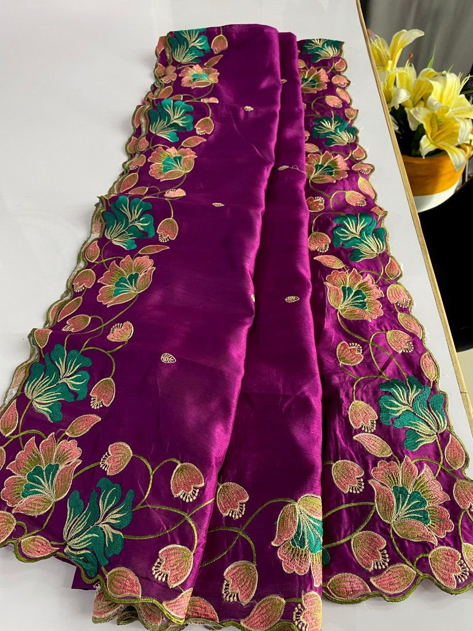 Premium Tussar Silk With  Floral Embroidery Work