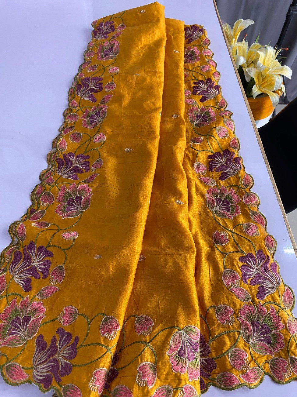 Premium Tussar Silk With  Floral Embroidery Work