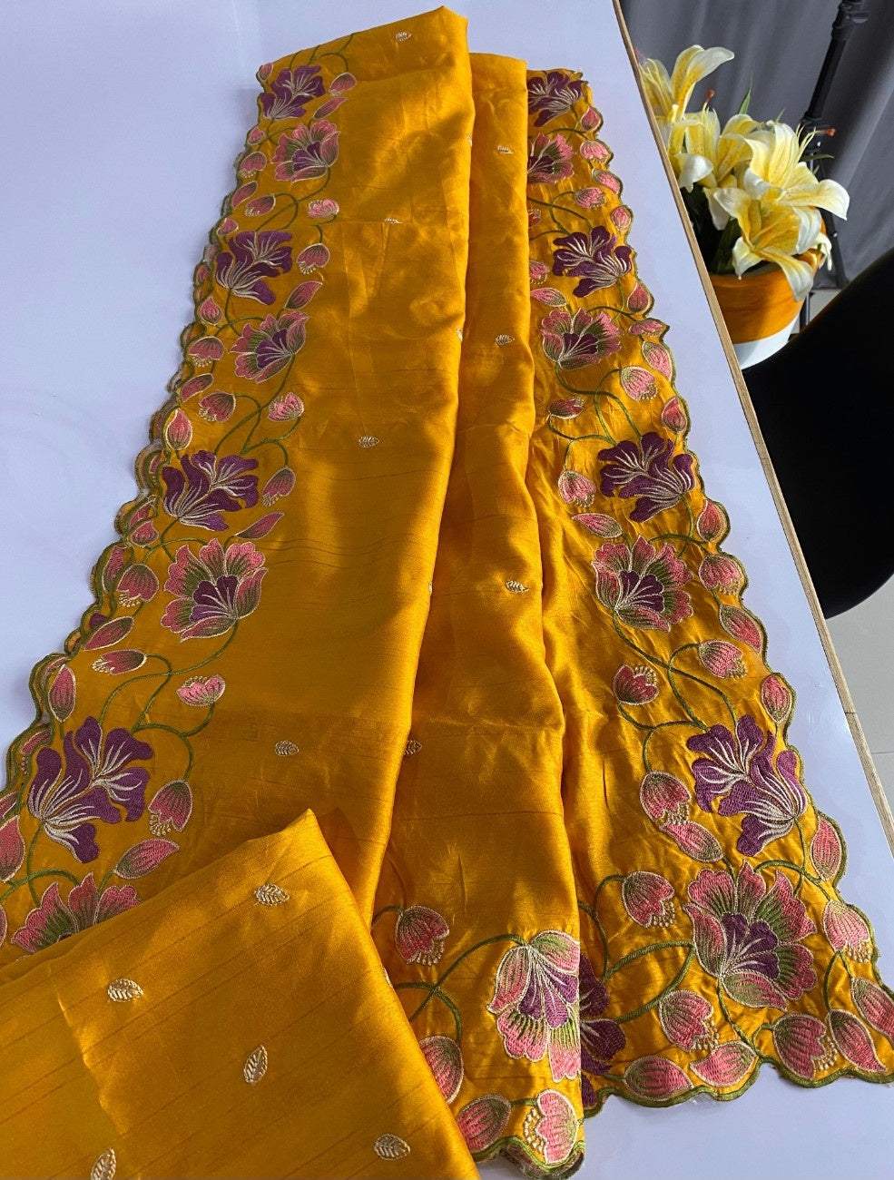 Premium Tussar Silk With  Floral Embroidery Work