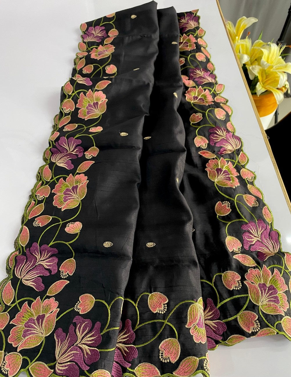 Premium Tussar Silk With  Floral Embroidery Work