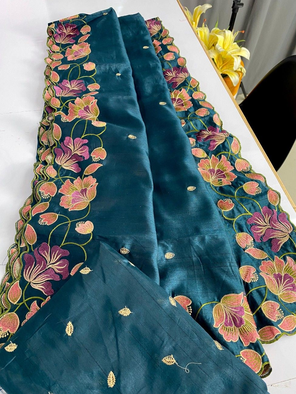 Premium Tussar Silk With  Floral Embroidery Work