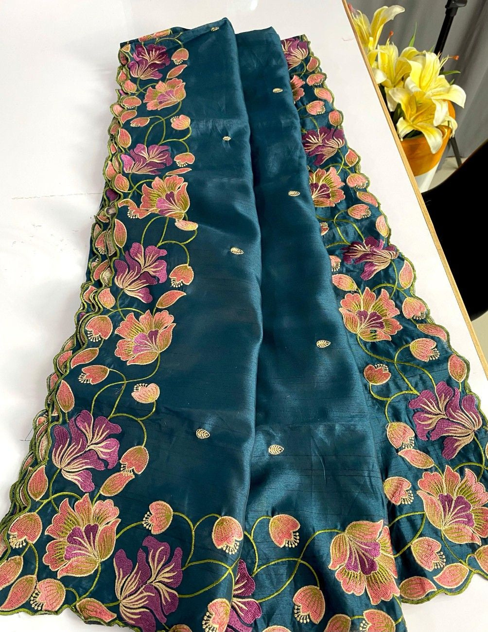 Premium Tussar Silk With  Floral Embroidery Work