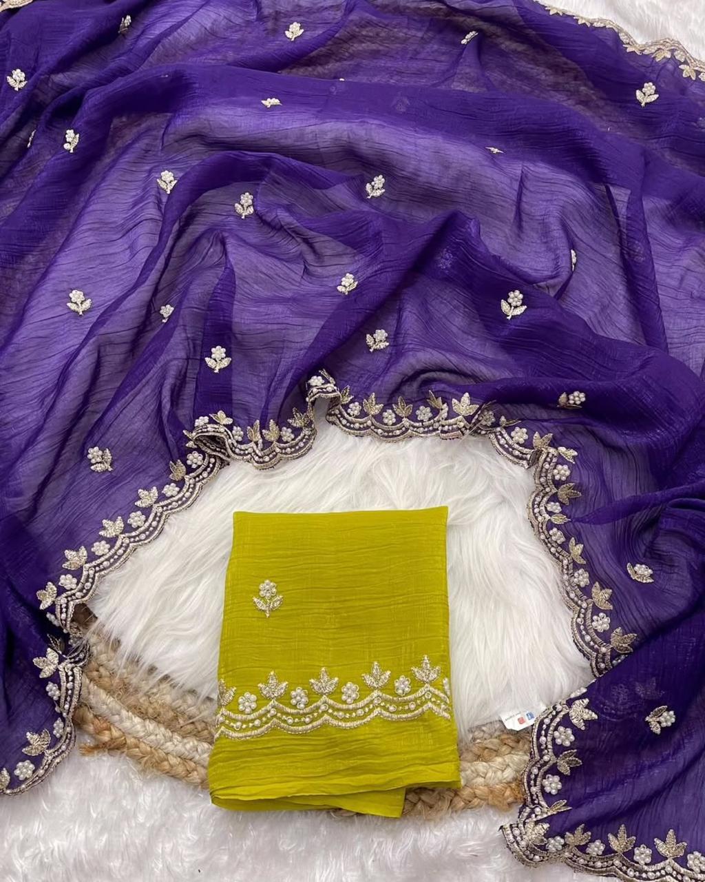 Crunchy Silk Saree with Embroidered Scalloped Border