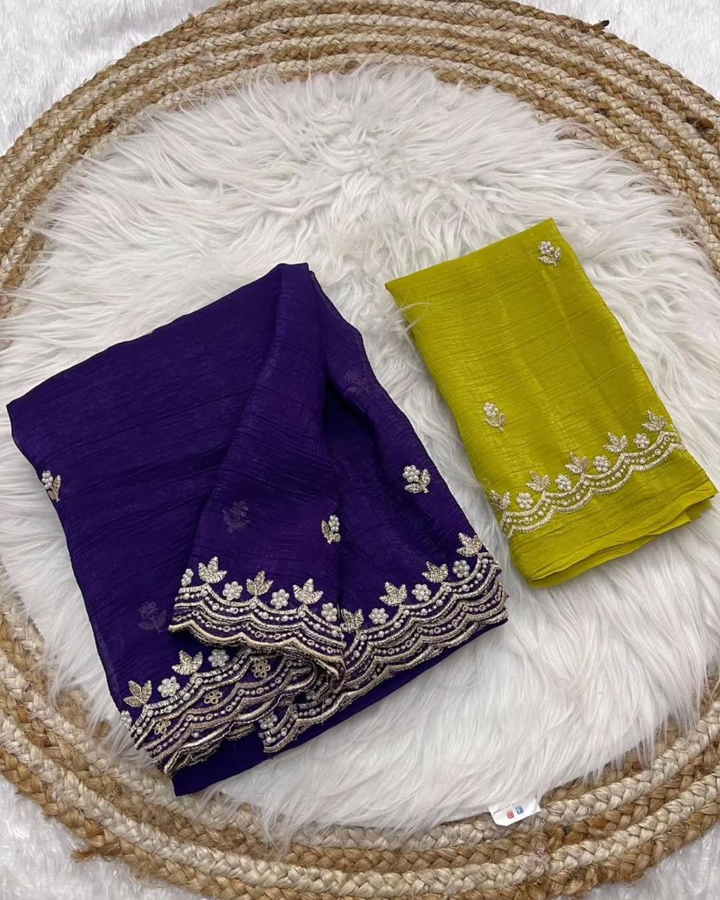Crunchy Silk Saree with Embroidered Scalloped Border