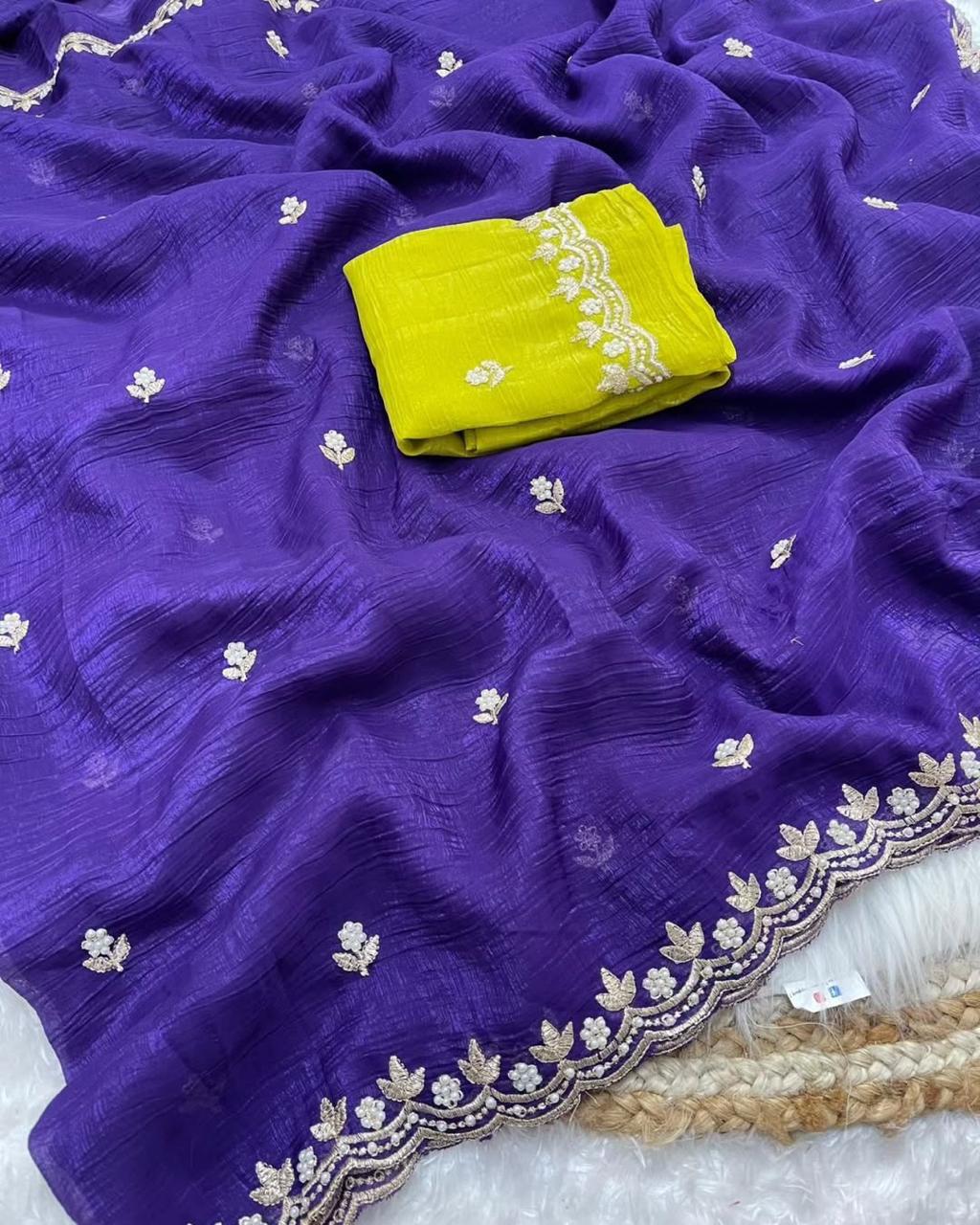 Crunchy Silk Saree with Embroidered Scalloped Border