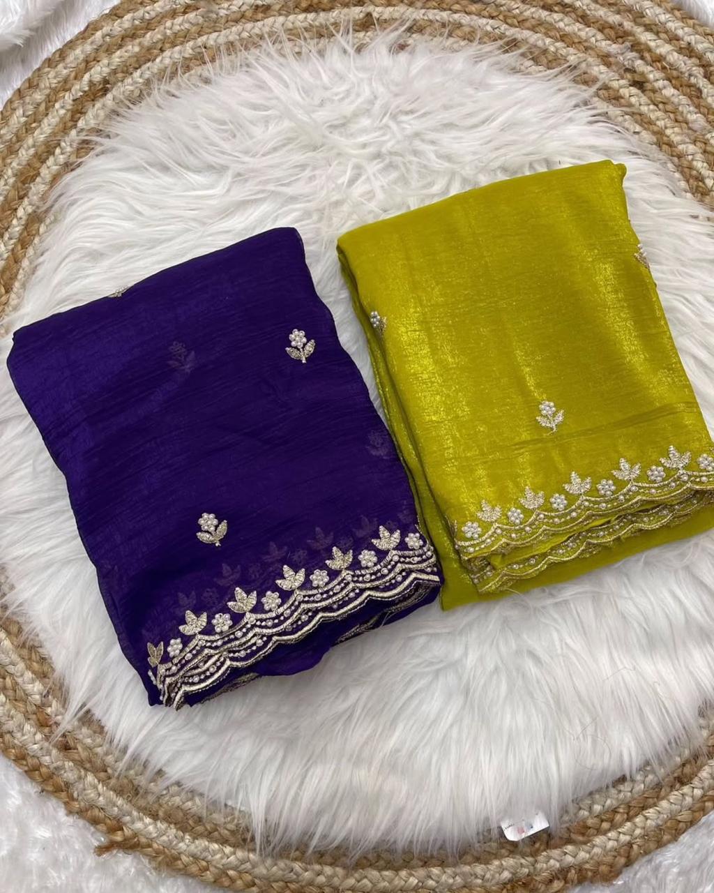 Crunchy Silk Saree with Embroidered Scalloped Border