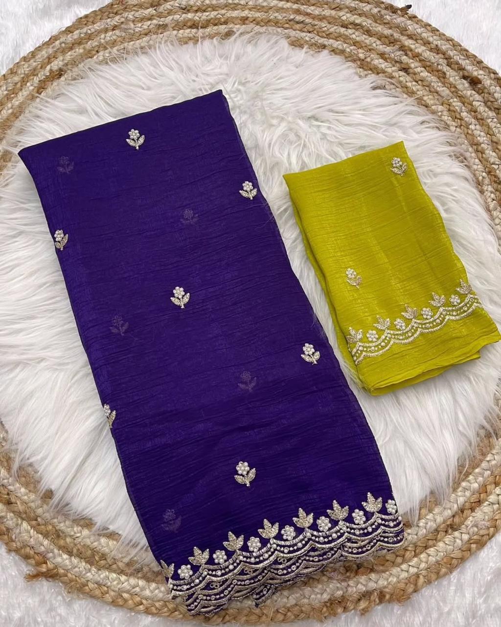 Crunchy Silk Saree with Embroidered Scalloped Border
