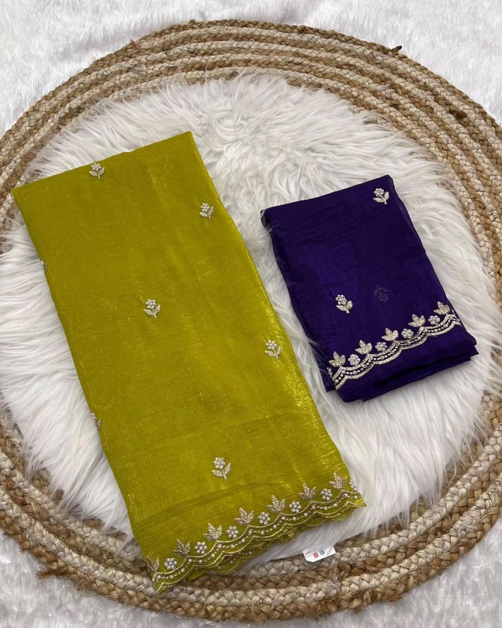 Crunchy Silk Saree with Embroidered Scalloped Border