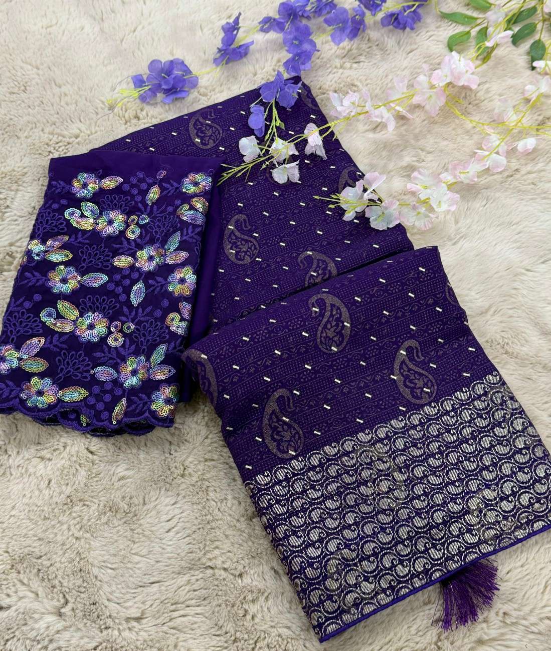 Premium Georgette Saree with additional smoke work with beautiful leather foil
