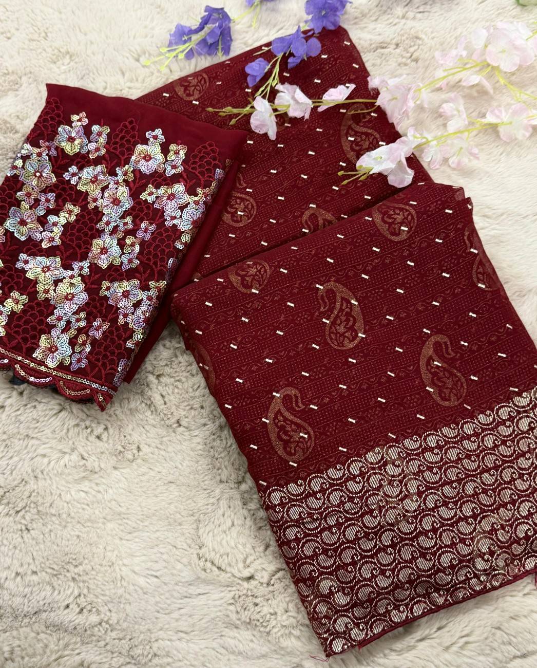 Premium Georgette Saree with additional smoke work with beautiful leather foil