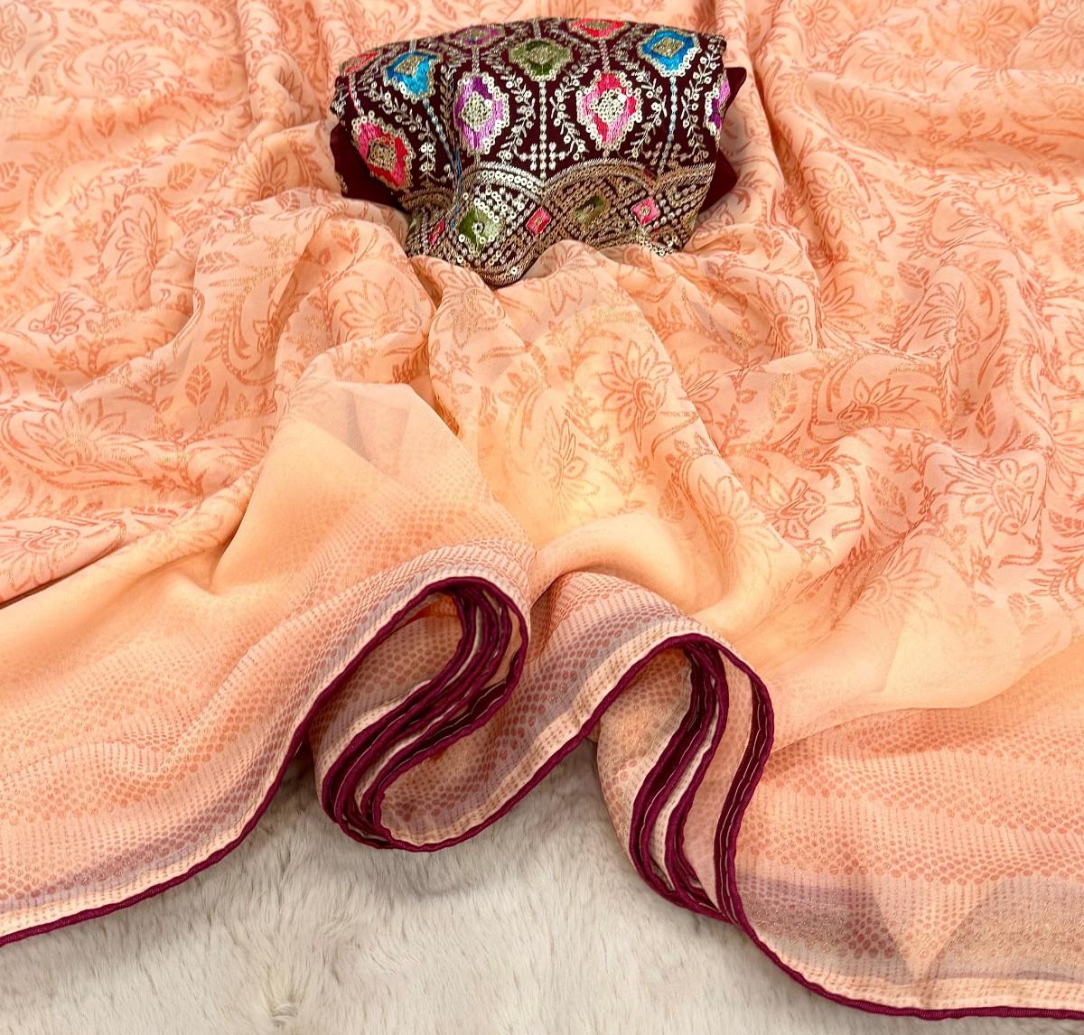 Georgette smoke print saree with elegant border piping paired