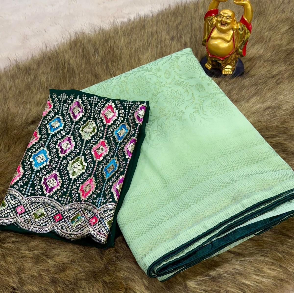 Georgette smoke print saree with elegant border piping paired