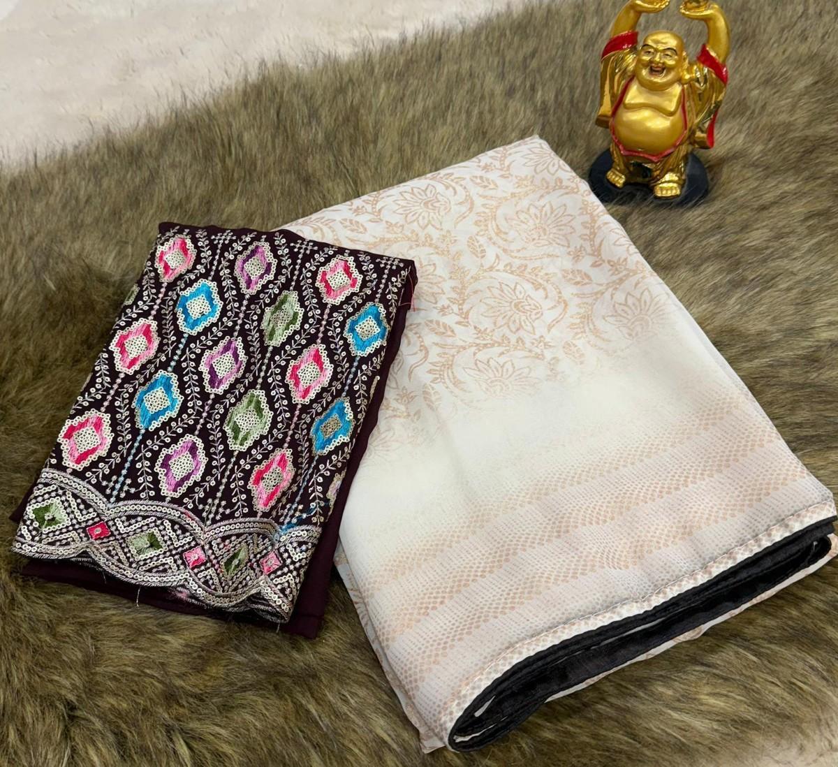 Georgette smoke print saree with elegant border piping paired
