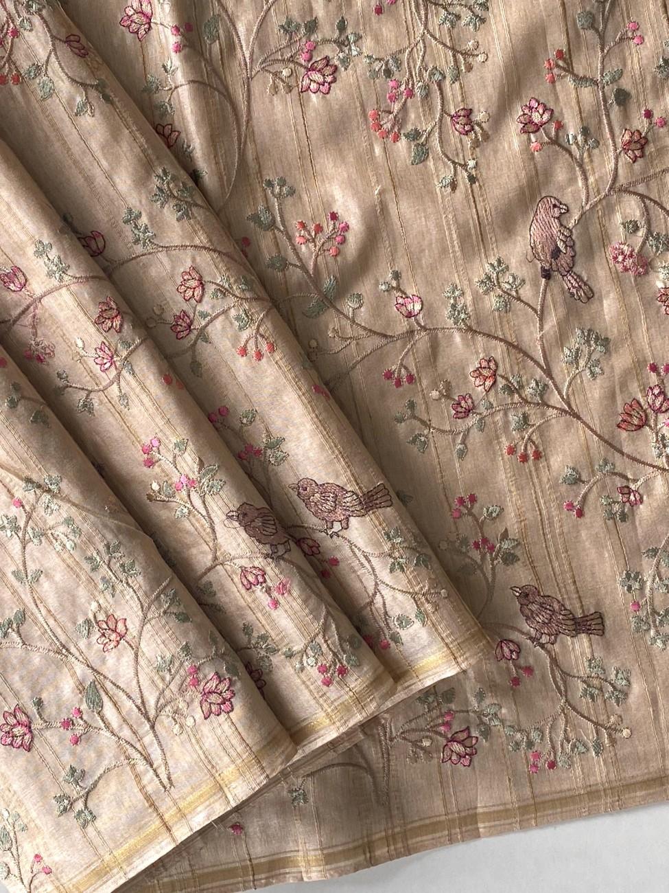 Pure Loom Tussar Saree with  floral and bird designer embroidery
