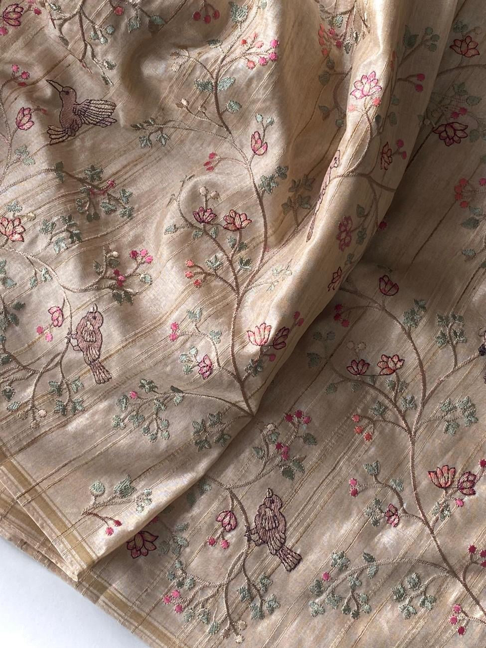 Pure Loom Tussar Saree with  floral and bird designer embroidery