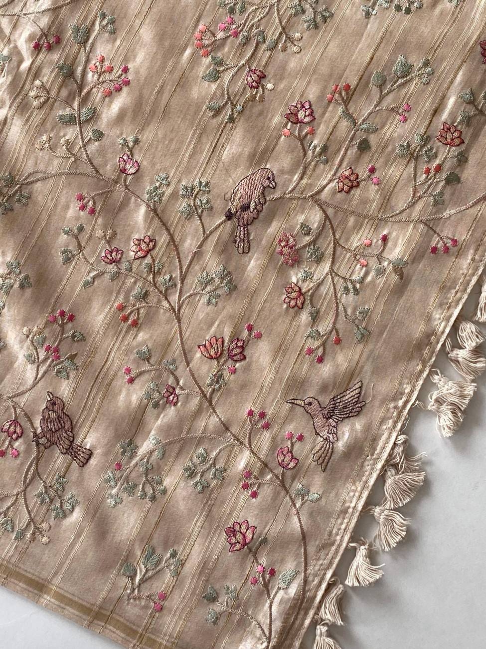 Pure Loom Tussar Saree with  floral and bird designer embroidery