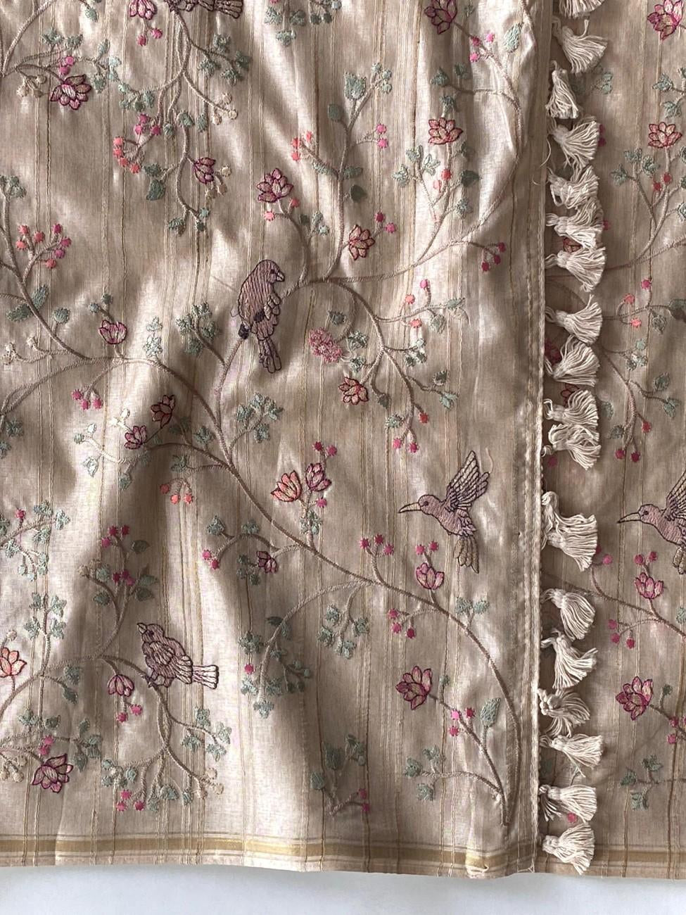 Pure Loom Tussar Saree with  floral and bird designer embroidery