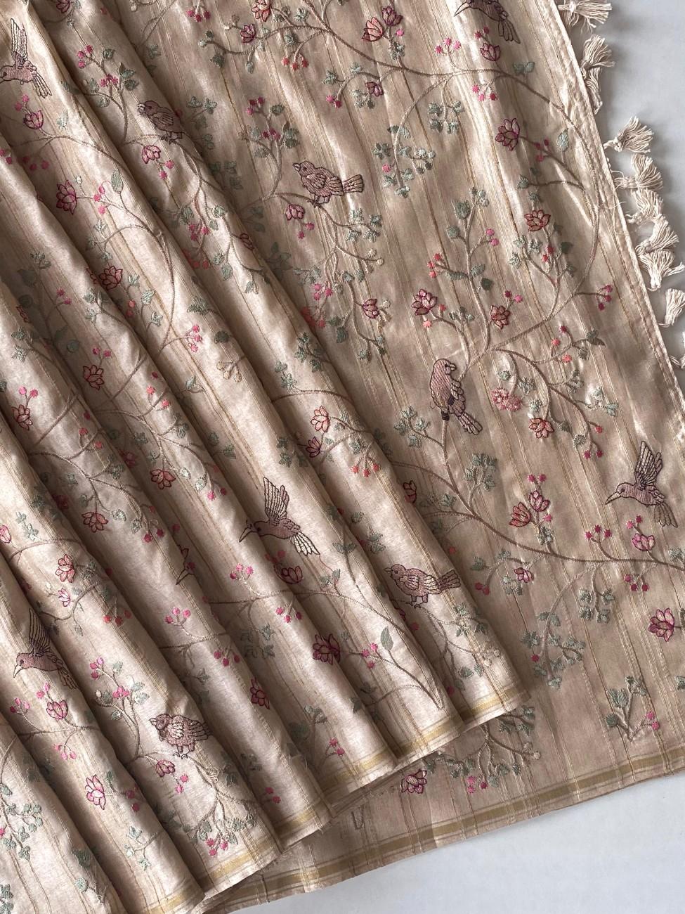 Pure Loom Tussar Saree with  floral and bird designer embroidery