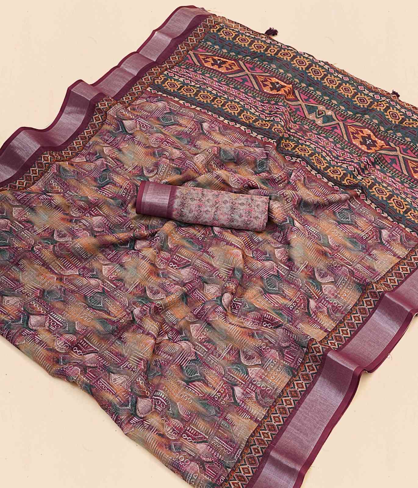 Premium Linen Cotton Digital Print Sarees with Fancy Latkans