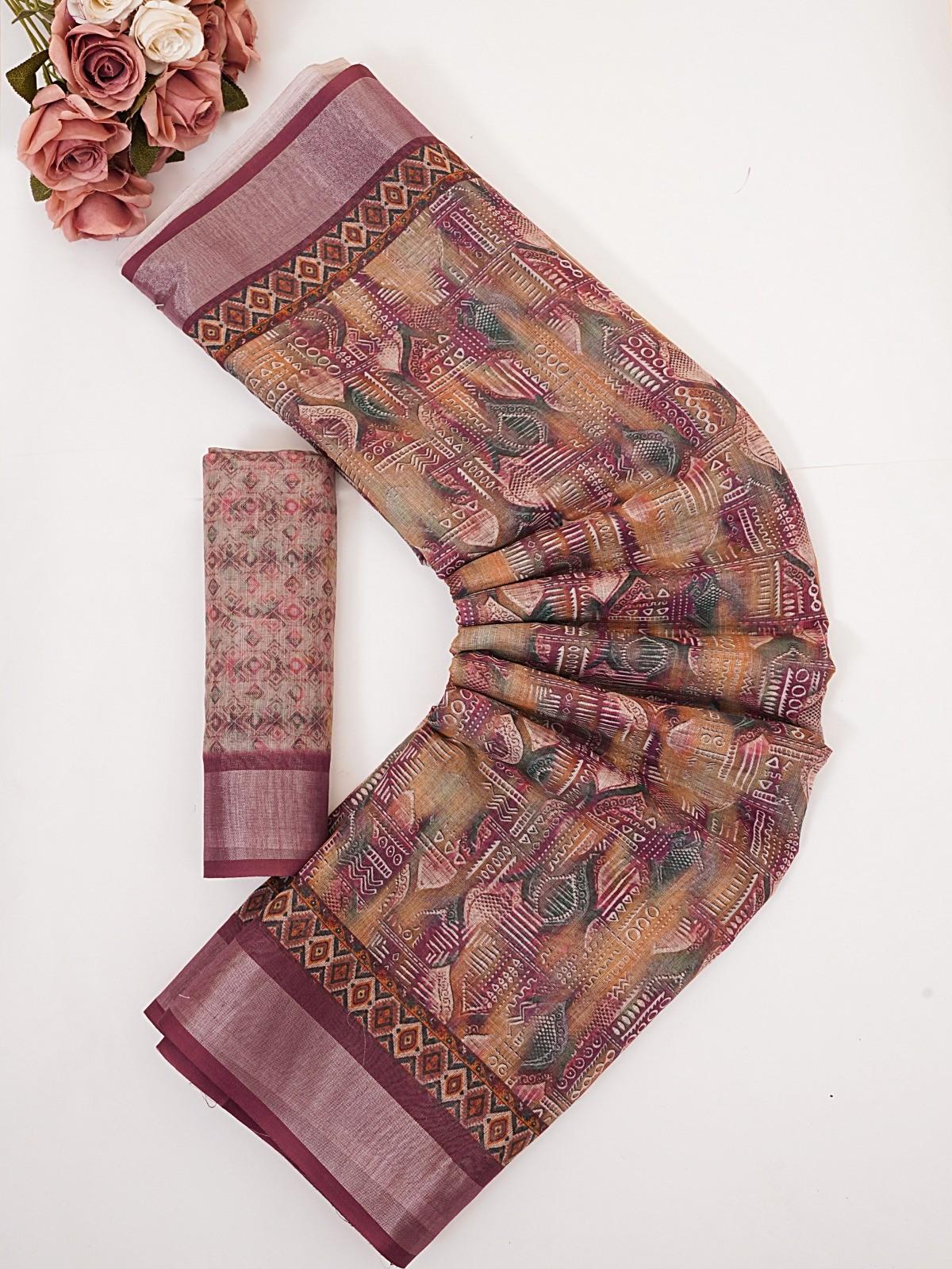 Premium Linen Cotton Digital Print Sarees with Fancy Latkans