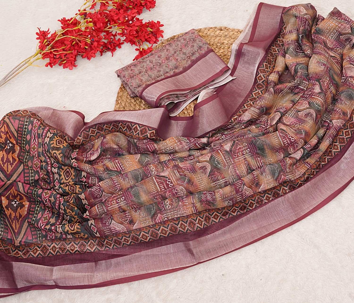 Premium Linen Cotton Digital Print Sarees with Fancy Latkans